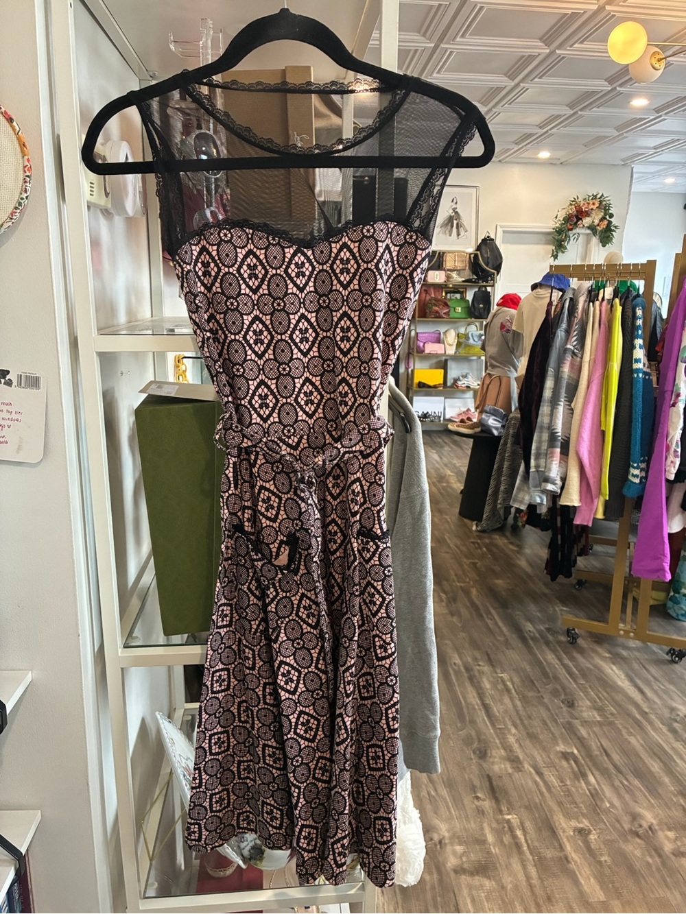 Effie's Heart Pink and Black Geometric Midi Dress with Sheer Yoke